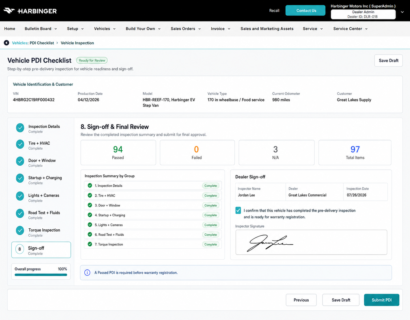 PDI sign-off and final review screen