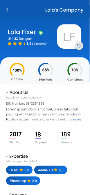 InventFunds Fixer profile showing skills and experience