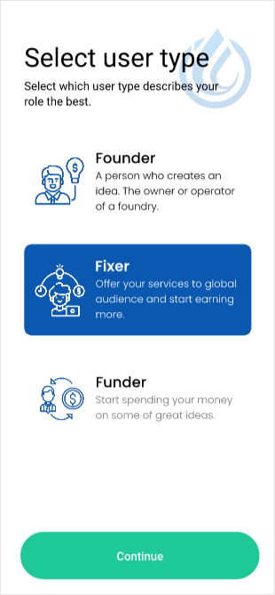 InventFunds mobile role selection for Founder, Funder and Fixer