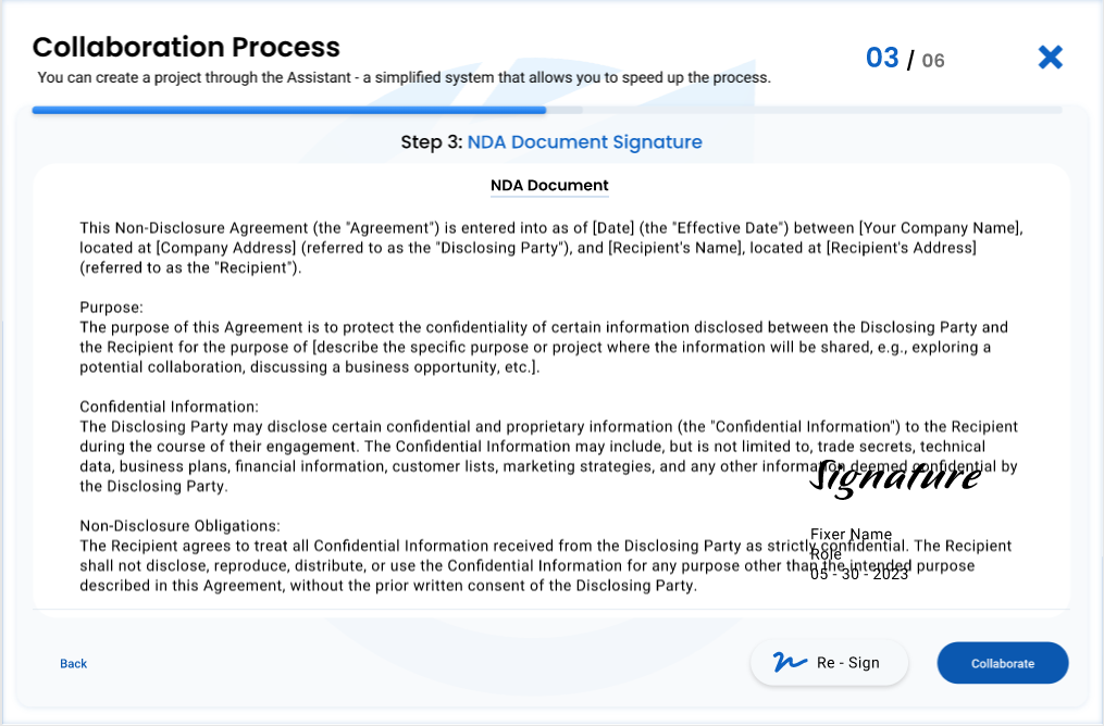 InventFunds collaboration agreement review screen