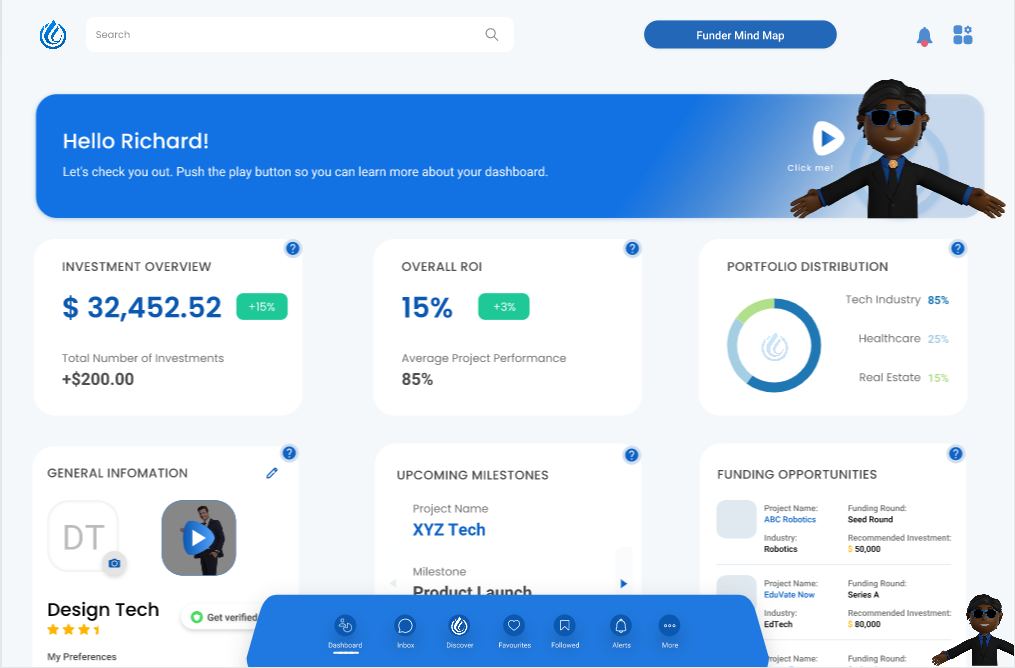 InventFunds Funder dashboard showing portfolio and project information